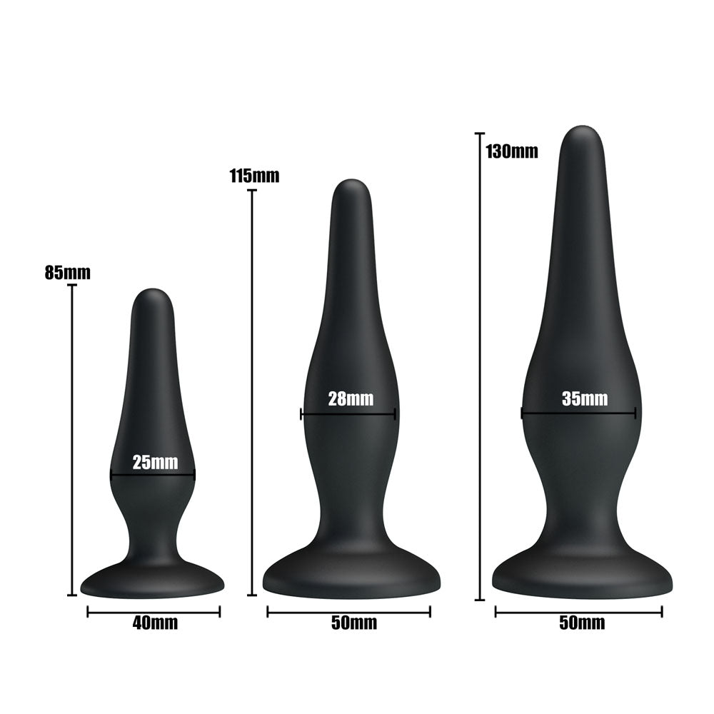 Party Up JERRY Butt Plug Set -  Butt Plugs - Set of 3 Sizes featuring three black silicone butt plugs with dimensions.