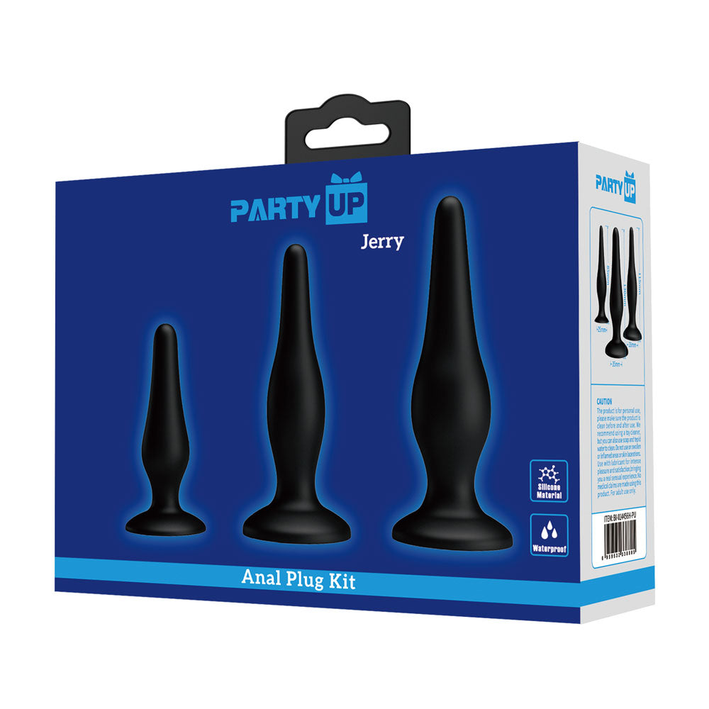 Party Up JERRY Butt Plug Set - Butt Plugs - Set of 3 Sizes packaging with three black silicone anal plugs.