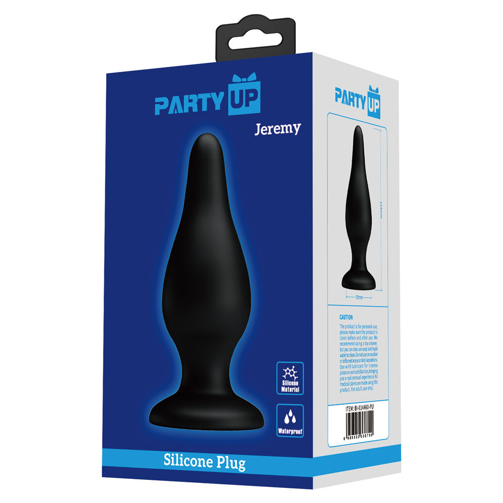 Party Up JEREMY Butt Plug - 15.4 cm Butt Plug packaged in a black box, featuring waterproof and silicone details.