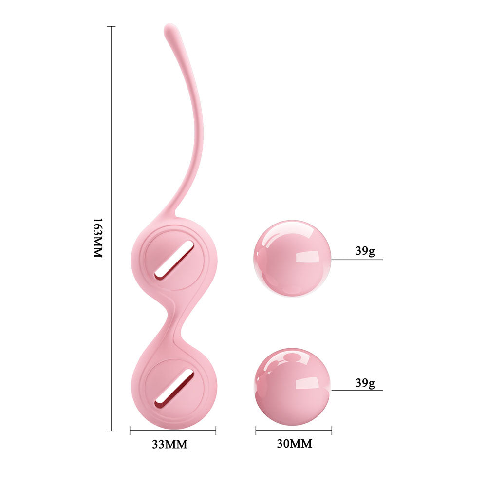 Party Up VIVIAN Kegel Balls - Kegel Balls in pink, showcasing size dimensions and weighted design for intimate essentials.