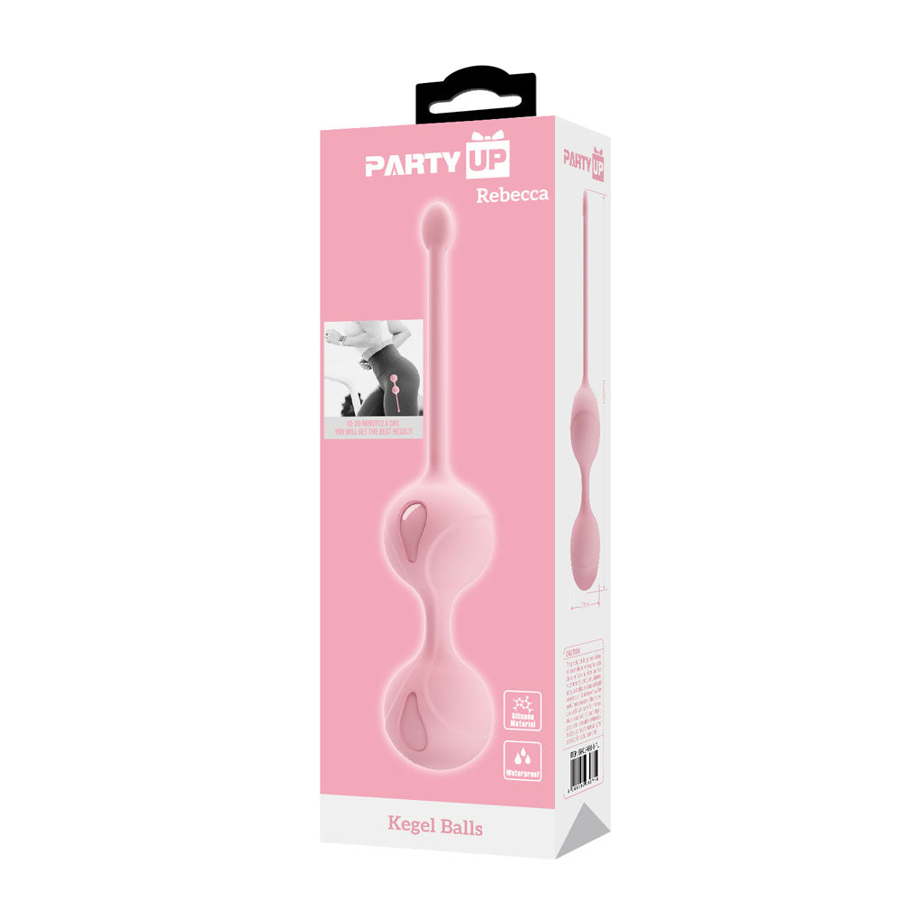 Party Up REBECCA Kegel Balls -  -  Kegel Balls packaging with pink design and silicone structure for intimate essentials.