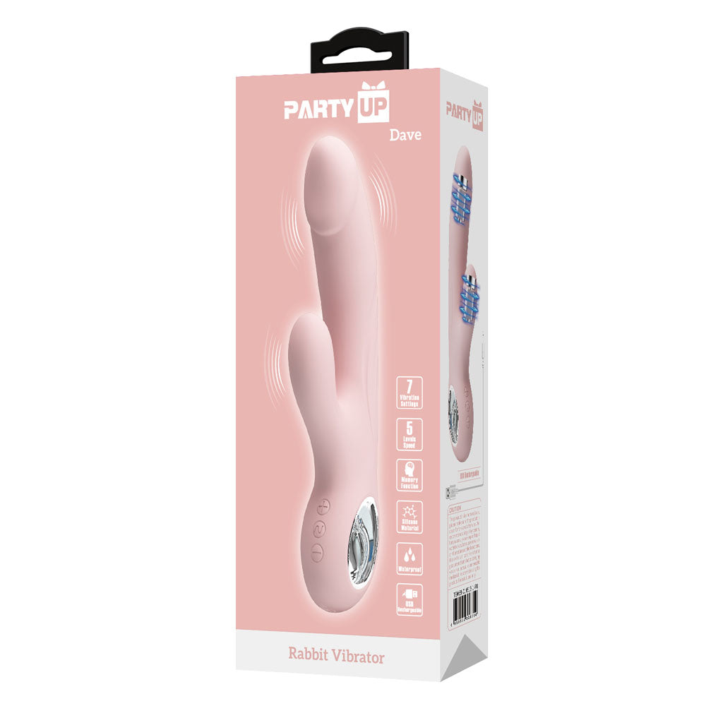 Party Up DAVE Rabbit Vibe -  -  19 cm USB Rechargeable Rabbit Vibrator packaging with vibrational features displayed.