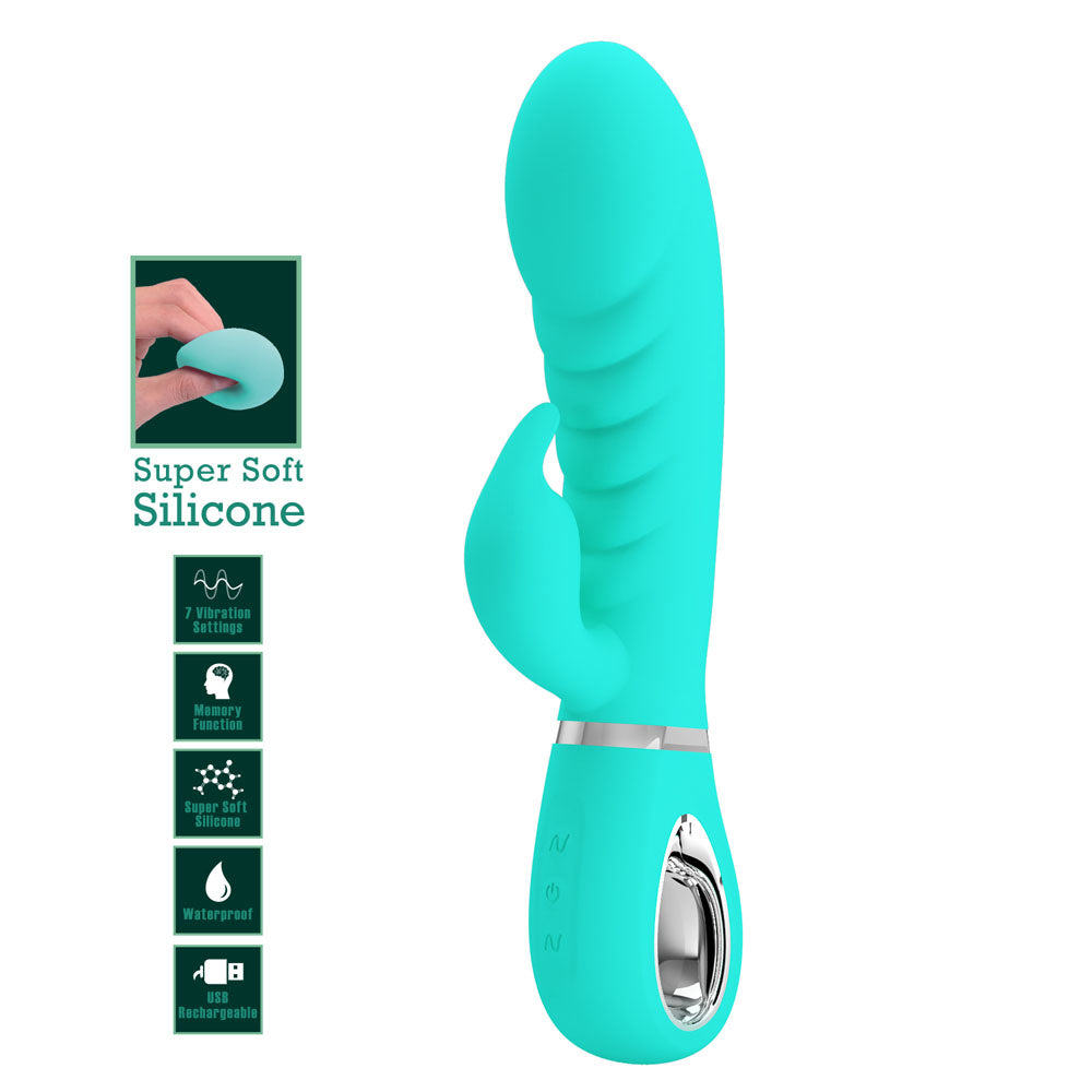 Party Up EDWARD Rabbit Vibe - Teal - Teal 20 cm USB Rechargeable Rabbit Vibrator in a smooth, waterproof, and soft silicone design.