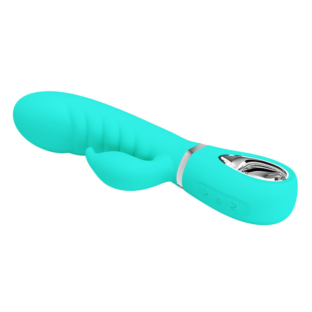 Party Up EDWARD Rabbit Vibe - Teal - Teal 20 cm USB Rechargeable Rabbit Vibrator showcasing a smooth and flexible design.