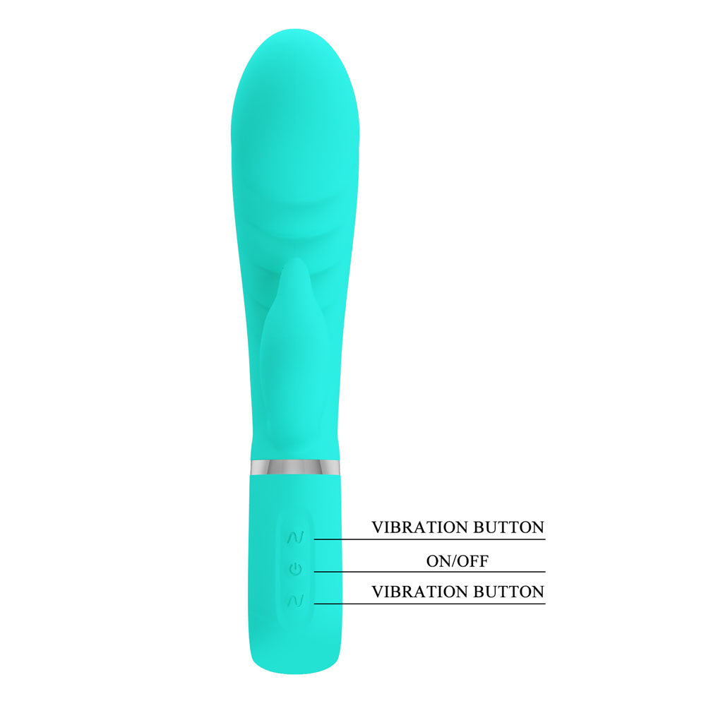 Party Up EDWARD Rabbit Vibe - Teal - Teal 20 cm USB Rechargeable Rabbit Vibrator with vibration buttons for customizable pleasure.