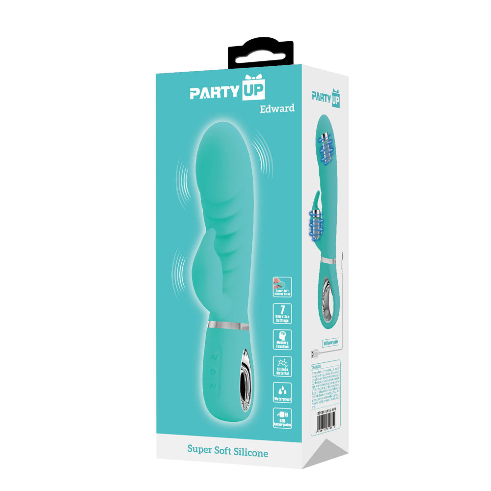 Party Up EDWARD Rabbit Vibe - Teal - Teal 20 cm USB Rechargeable Rabbit Vibrator packaging with features.