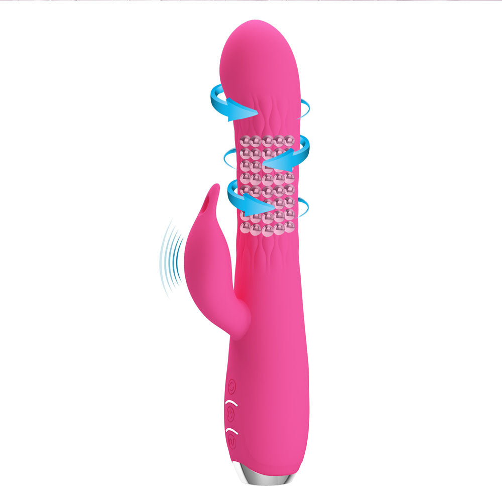 Party Up ERIC Rotating Beads Vibrator - USB rechargeable rabbit vibrator with ribbed texture and clitoral stimulator.