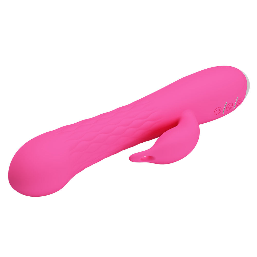 Party Up ERIC USB rechargeable rabbit vibrator in vibrant pink with ribbed shaft and clitoral stimulator.