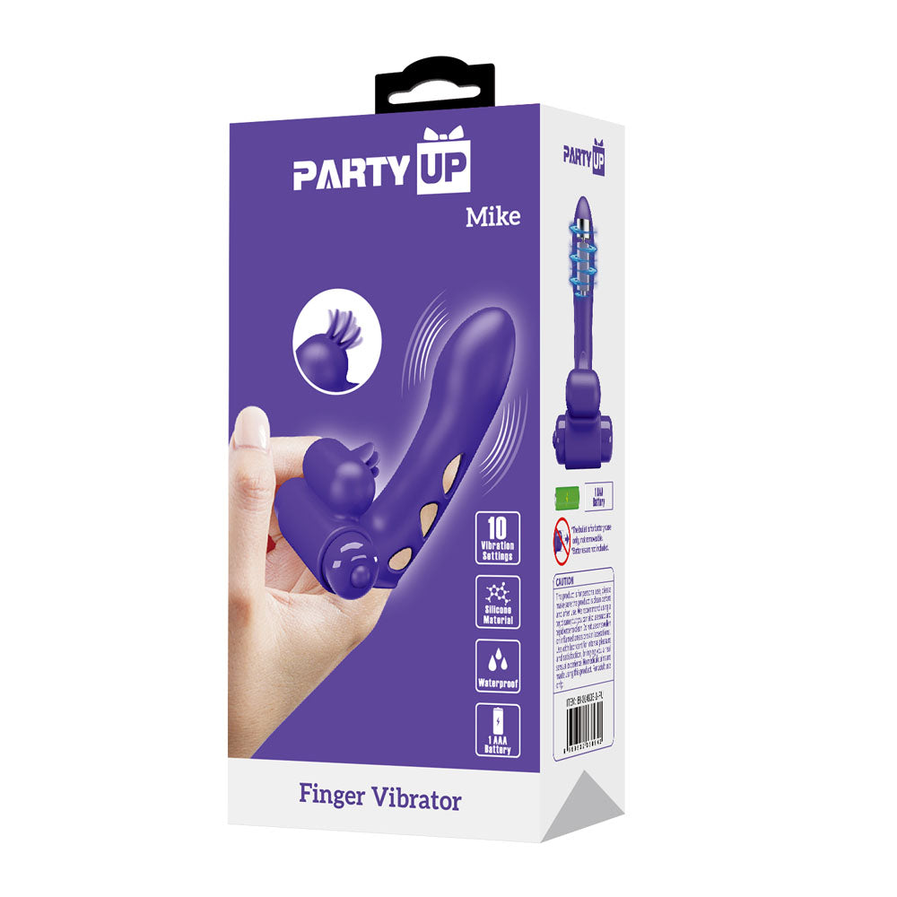 Party Up MIKE Finger Vibe -  -  Vibrating Finger Vibrator packaging with features and design.
