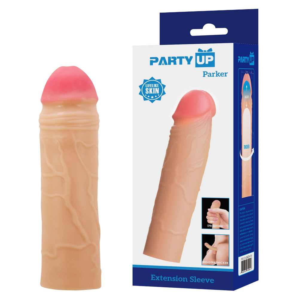 Party Up PARKER 2 Inch Extender Sleeve - 2 Inch Penis Extender Sleeve with textured surface for lifelike pleasure.