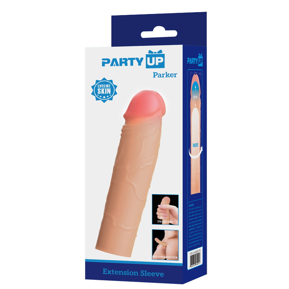 Party Up PARKER 2 Inch Extender Sleeve -  2 Inch Penis Extender Sleeve packaging displayed with lifelike design.