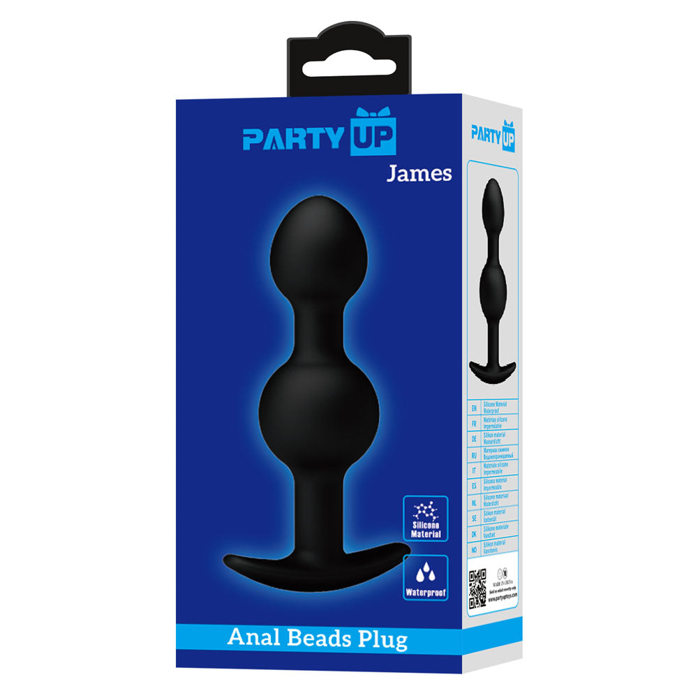 Party Up JAMES Anal Bead Plug -  10.4 cm Beaded Butt Plug packaging featuring a black silicone design.
