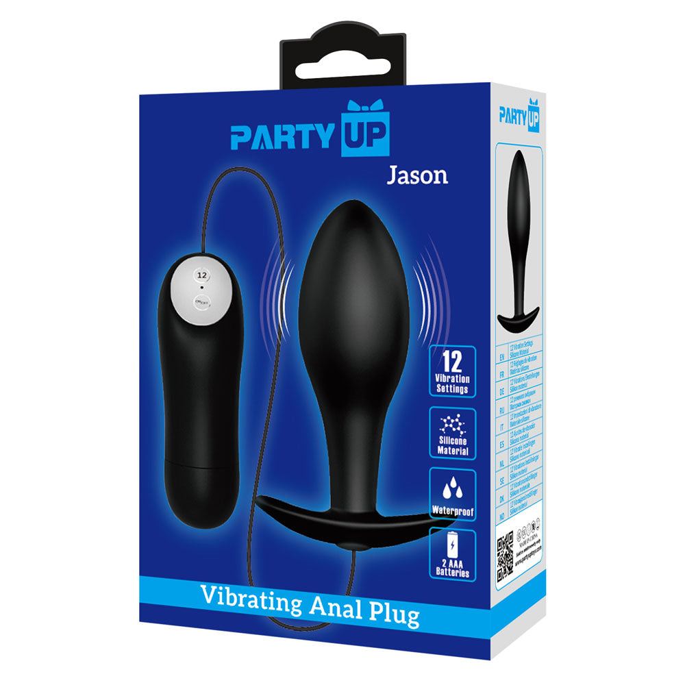 Party Up JASON Vibrating Anal Plug -  8.5 cm Vibrating Butt Plug with Remote packaging featuring 12 vibration settings.