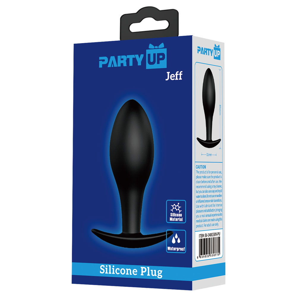 Party Up JEFF Silicone Plug -  8.5 cm Butt Plug packaging featuring a waterproof black silicone design.