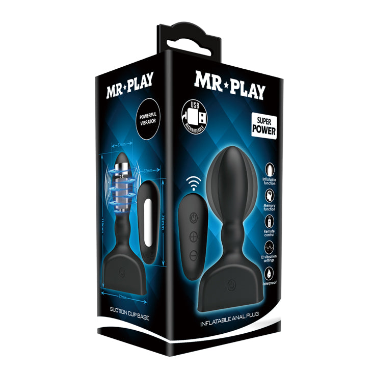MR PLAY Inflatable Anal Plug -  USB Rechargeable Inflatable Anal Plug with Wireless Remote packaging with features highlighted.