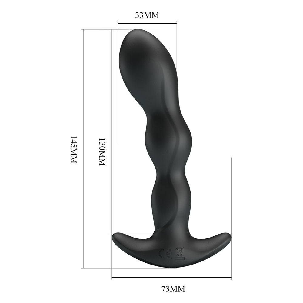Dimensions of the Party Up JIM Vibrating Plug, a rechargeable vibrating butt plug measuring 14.5 cm and 73 mm wide.