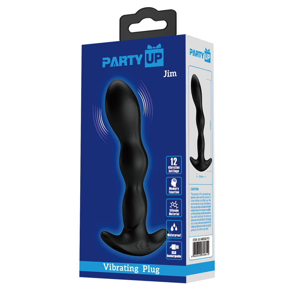 Party Up JIM Vibrating Plug - 14.5 cm USB Rechargeable Vibrating Butt Plug packaging with product details.
