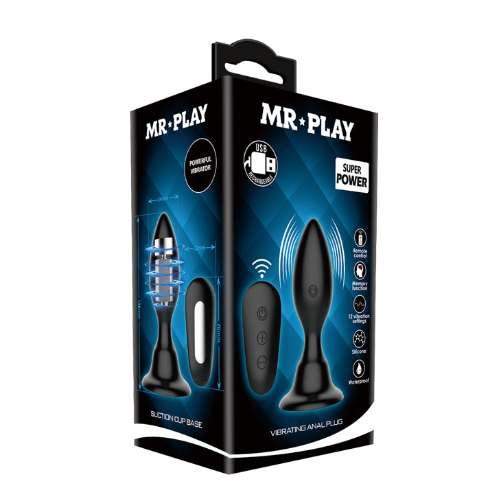 MR PLAY Vibrating Anal Plug - 10.8 cm USB Rechargeable Vibrating Butt Plug with Remote packaging with features highlighted.