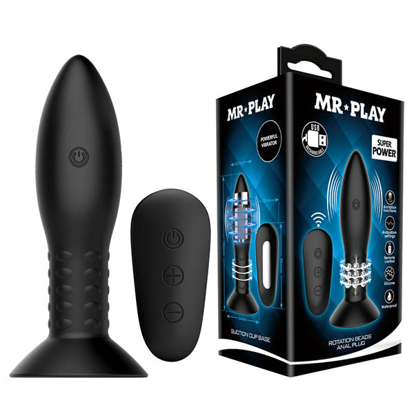 MR PLAY Rotation Beads Anal Plug - USB Rechargeable Beaded Butt Plug with Wireless Remote in packaging and remote control.