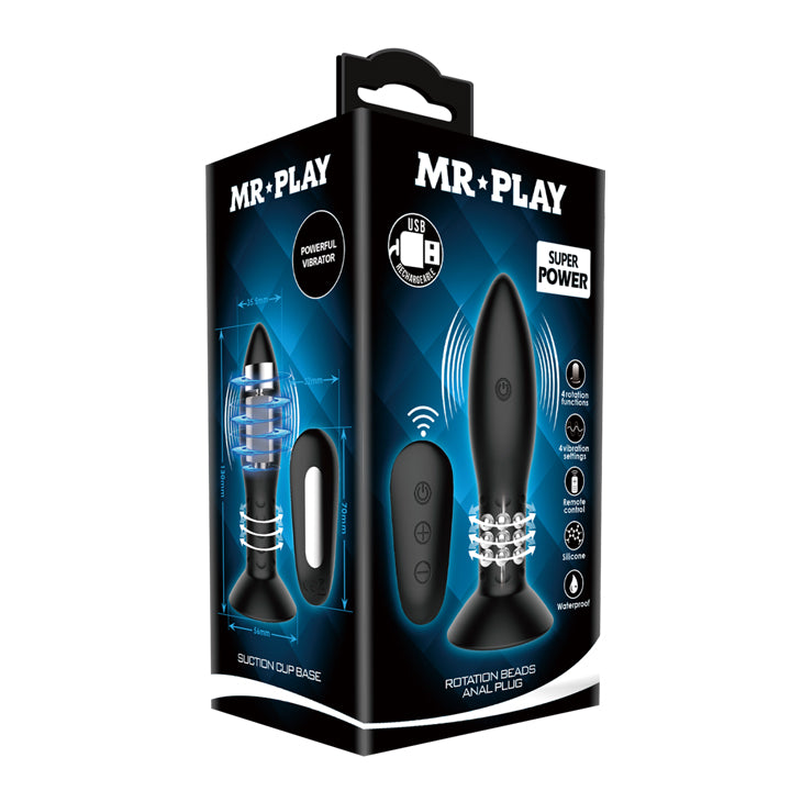 MR PLAY Rotation Beads Anal Plug - USB Rechargeable Beaded Butt Plug with Wireless Remote packaging with vibrant graphics.