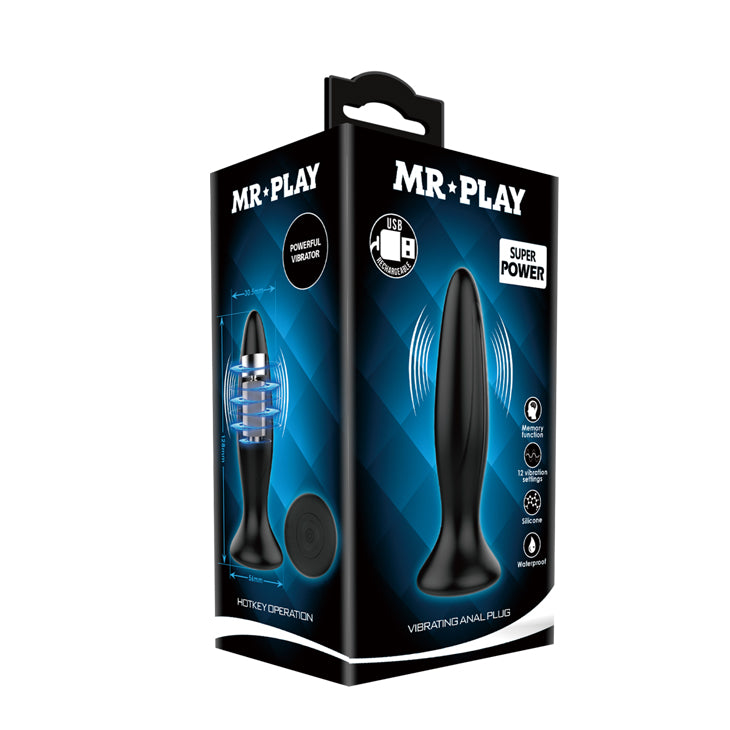 MR PLAY Vibrating Anal Plug - 12.8 cm USB Rechargeable Vibrating Butt Plug packaging with powerful vibrator features.