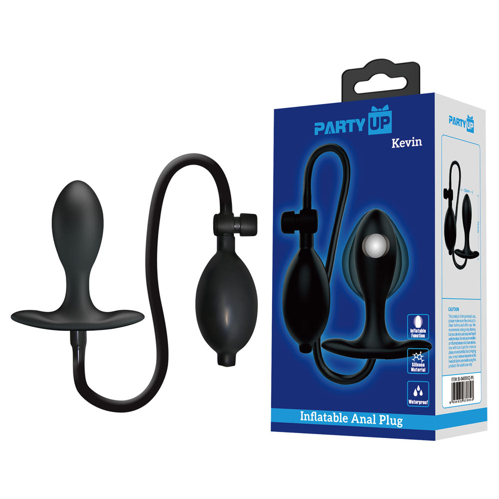Party Up KEVIN Inflatable Butt Plug - 9.1 cm Inflatable Butt Plug with pump and packaging displayed.