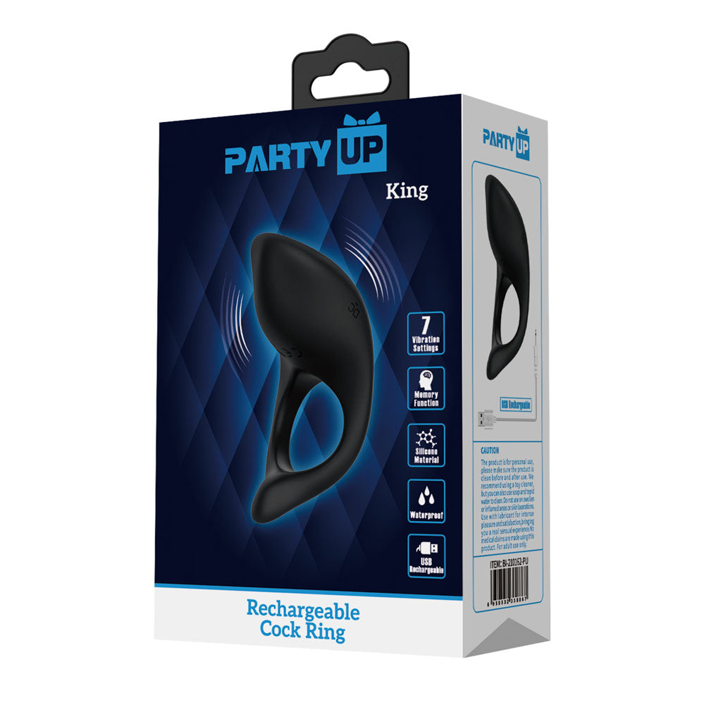 Party Up KING Rechargeable Cock Ring - USB Rechargeable Cock Ring packaging with details and features.