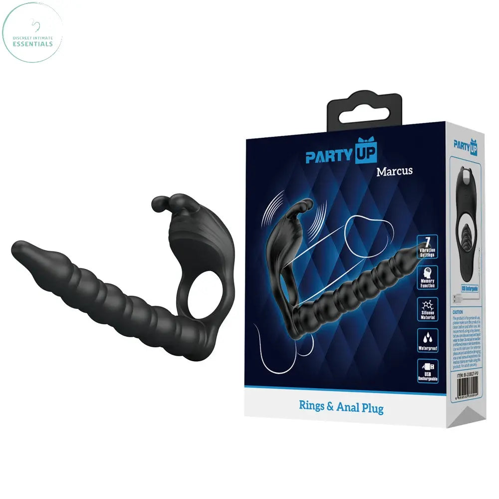 Affordable quality Party Up MARCUS Ring & Anal Plug -  USB Rechargeable Vibrating Cock Ring with Double Penetrator  from Party Up by Discreet Intimate Essentials with Discreet Delivery 
