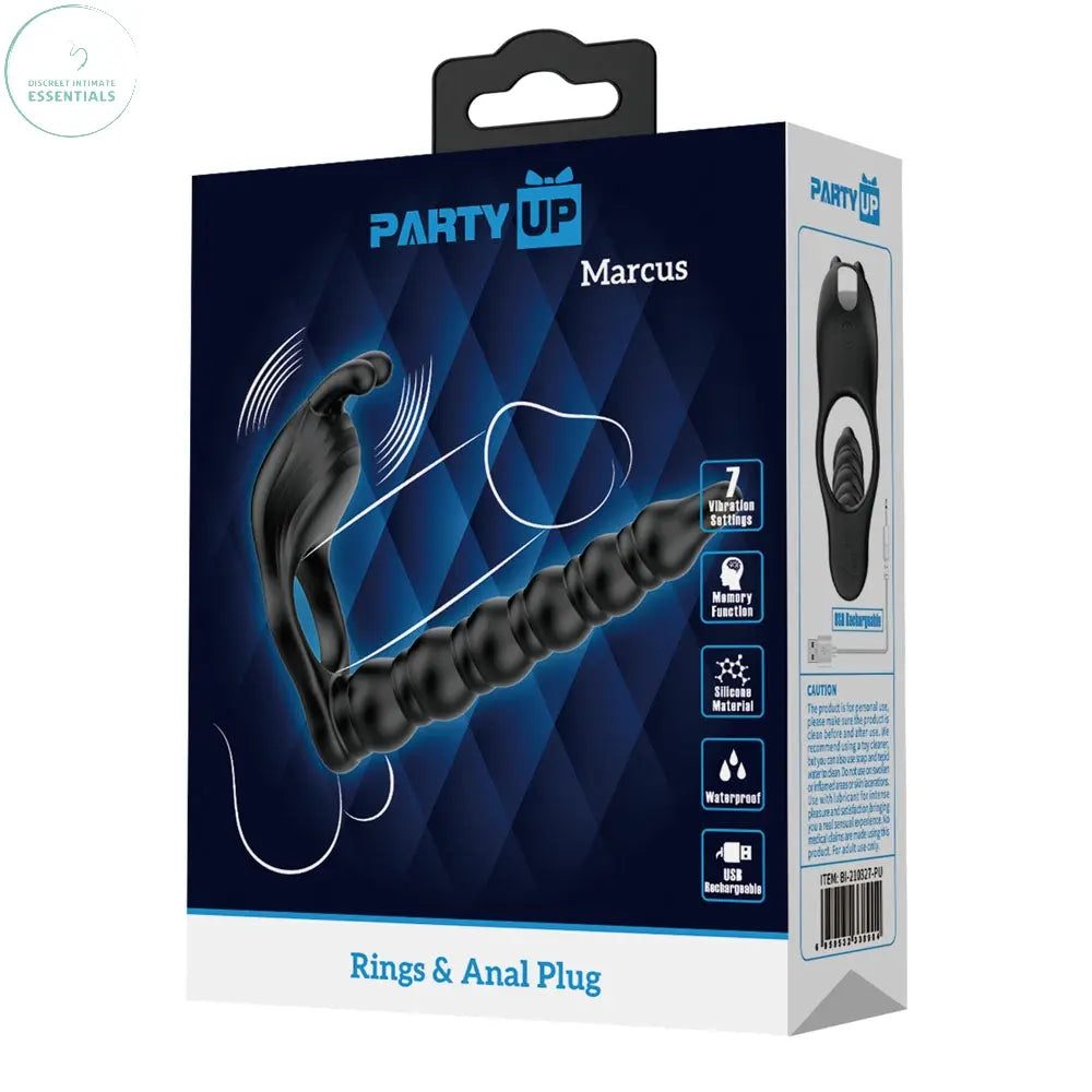 Affordable quality Party Up MARCUS Ring & Anal Plug -  USB Rechargeable Vibrating Cock Ring with Double Penetrator  from Party Up by Discreet Intimate Essentials with Discreet Delivery 