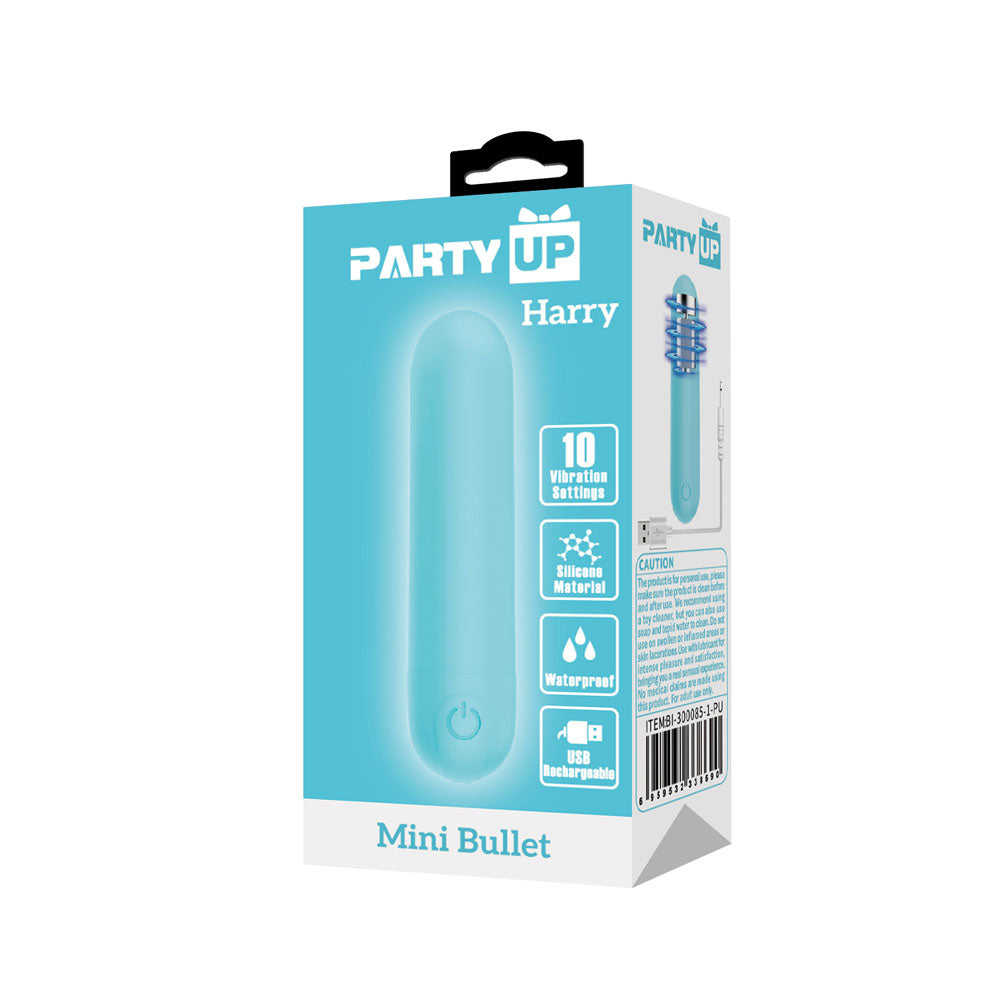 Party Up HARRY Mini Bullet - Teal - Teal 8 cm USB Rechargeable Bullet packaging with 10 vibration settings.