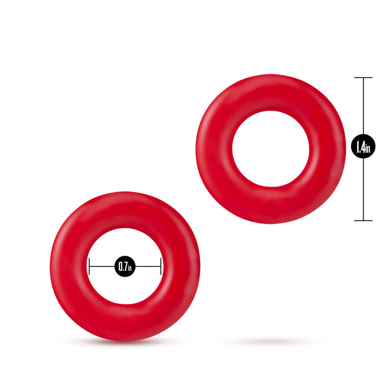 Stay Hard Donut Rings -  Cock Rings - Set of 2 with dimensions 0.7in width and 1.4in diameter, in red color.