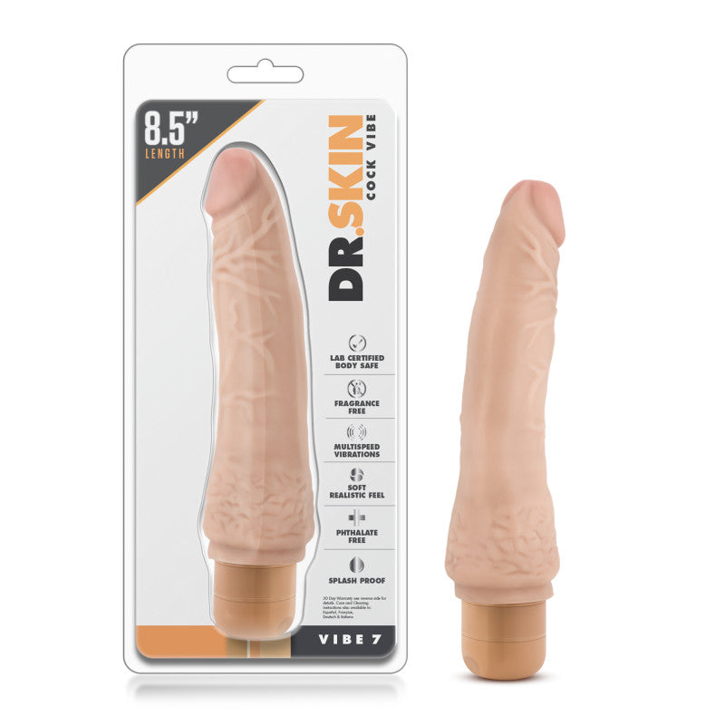 Dr. Skin Cock Vibe 7 - 8.5'' Cock -  21.6 cm Vibrating Dong packaging with realistic detail and twist-dial base.