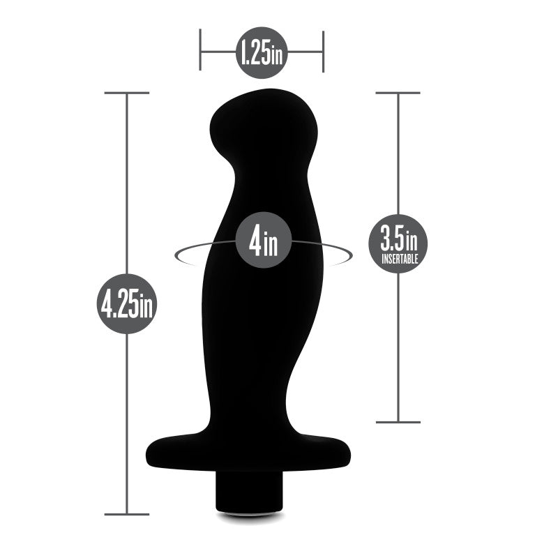 Anal Adventures Platinum Vibrating Prostate Massager 02 - 10.8 cm USB Rechargeable Prostate Massager dimensions infographic.