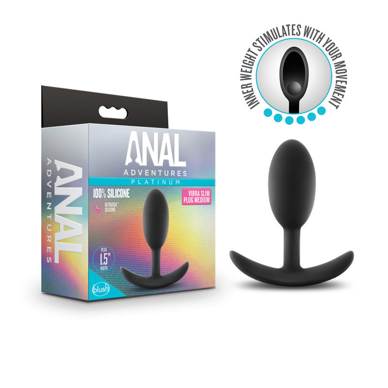 Anal Adventures Platinum Vibra Slim Plug - 10.1 cm Butt Plug with Internal Ball in packaging with silicone design.