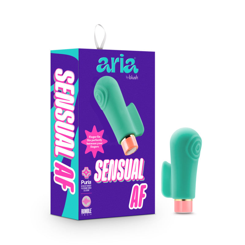Aria Sensual AF - Teal USB Rechargeable Stimulator with packaging showcasing its design and features.