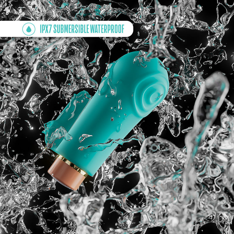 Aria Sensual AF - Teal USB Rechargeable Stimulator surrounded by splashing water, showcasing its IPX7 submersible waterproof feature.