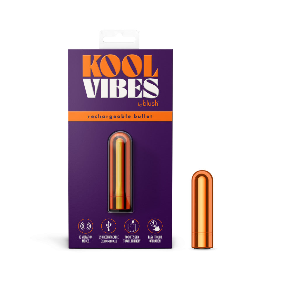 Kool Vibes - Rechargeable Mini Bullet - Tangerine - Orange 6.4 cm USB Rechargeable Bullet packaging and product image.