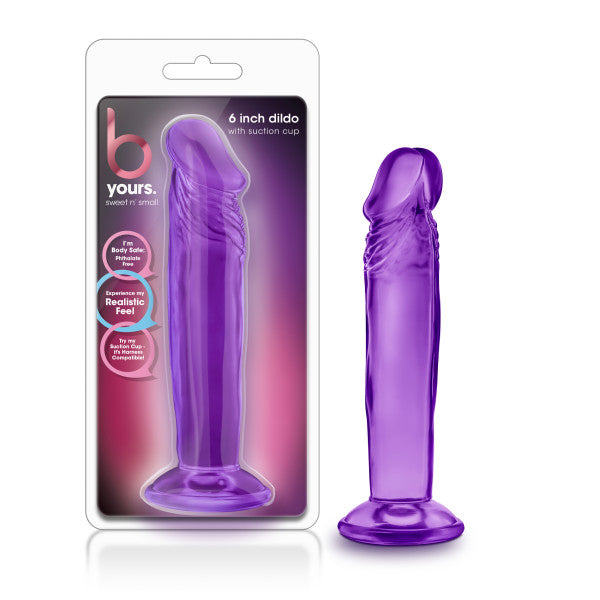 B Yours Sweet n Small 6'' Dildo -  15.2 cm Dong in purple packaging with suction cup for sexual enjoyment.