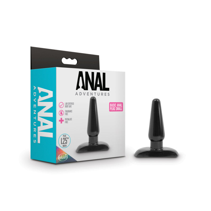 Anal Adventures Basic Anal Plug - Small - 10.8 cm Butt Plug in packaging with tapered design for easy insertion.