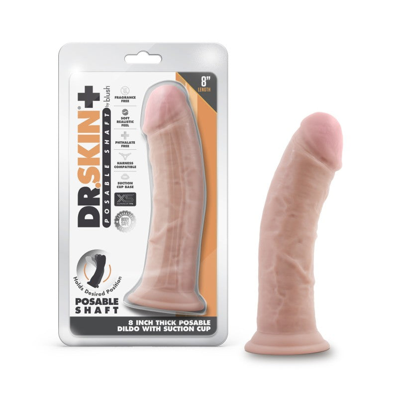 Dr. Skin Plus 8'' Thick Posable Dildo - 20.3 cm Poseable Dong with suction cup packaging and realistic appearance