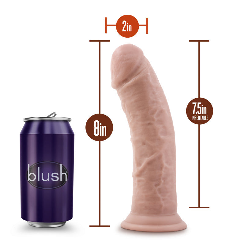 Dr. Skin Plus 8'' Thick Posable Dildo - 20.3 cm Poseable Dong next to a soda can for size comparison.