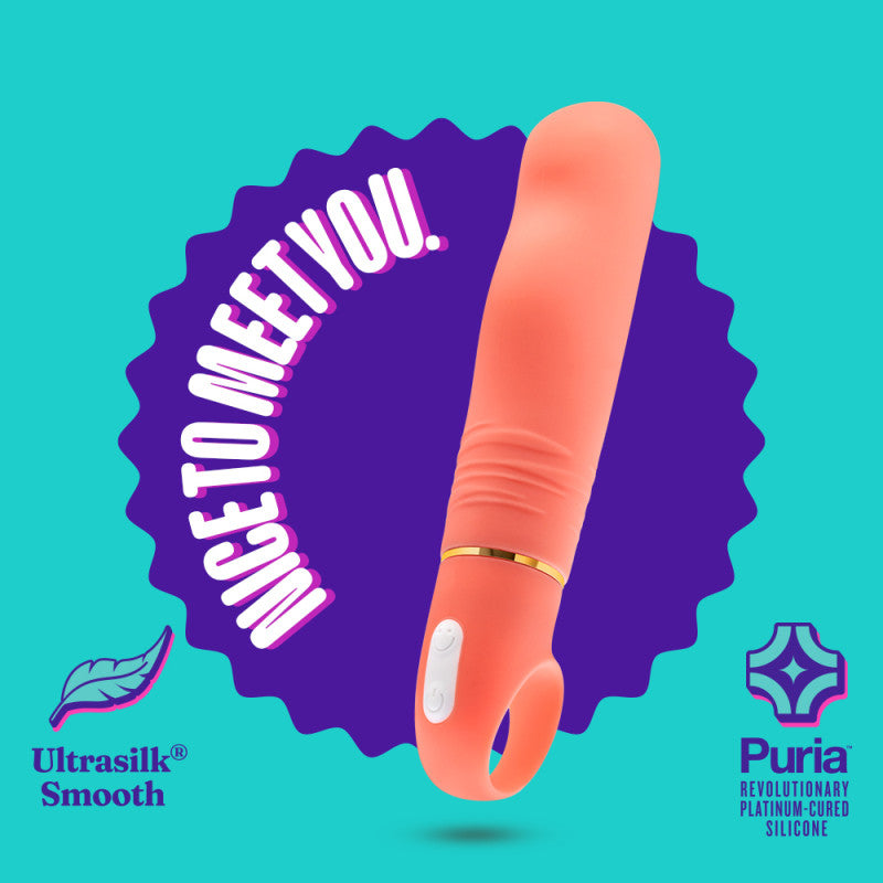 Aria Smokin' AF - Coral 15.2 cm Vibrator displayed with slogan 'Nice to Meet You' on a vibrant background.