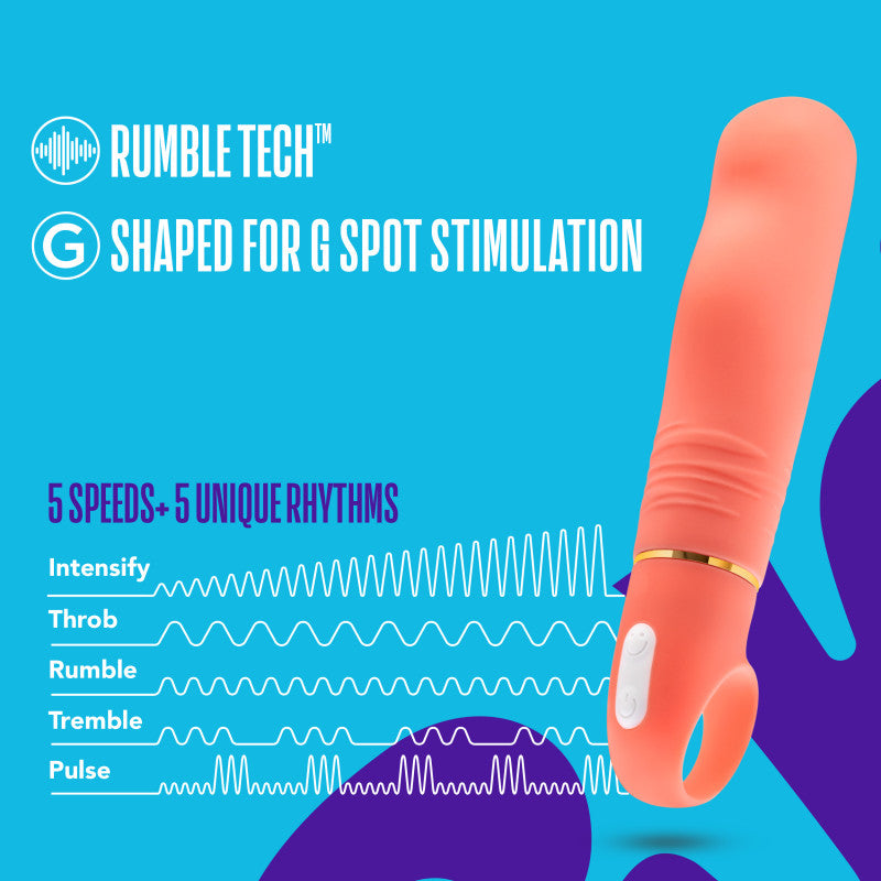 Aria Smokin' AF - Coral 15.2 cm Vibrator showcasing Rumble Tech™ for G spot stimulation, 5 speeds and 5 unique rhythms.