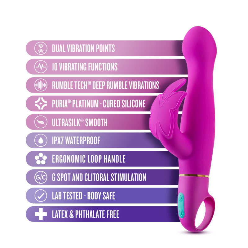 Aria Naughty AF - Plum 18.4 cm Butterfly Vibrator features dual vibration points, 10 functions, and IPX7 waterproof design.