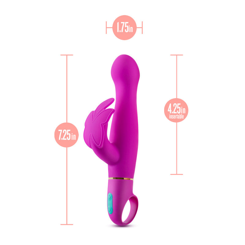 Aria Naughty AF - Plum 18.4 cm Butterfly Vibrator showcasing measurements of 1.75in width, 7.25in length, and 4.25in insertable.