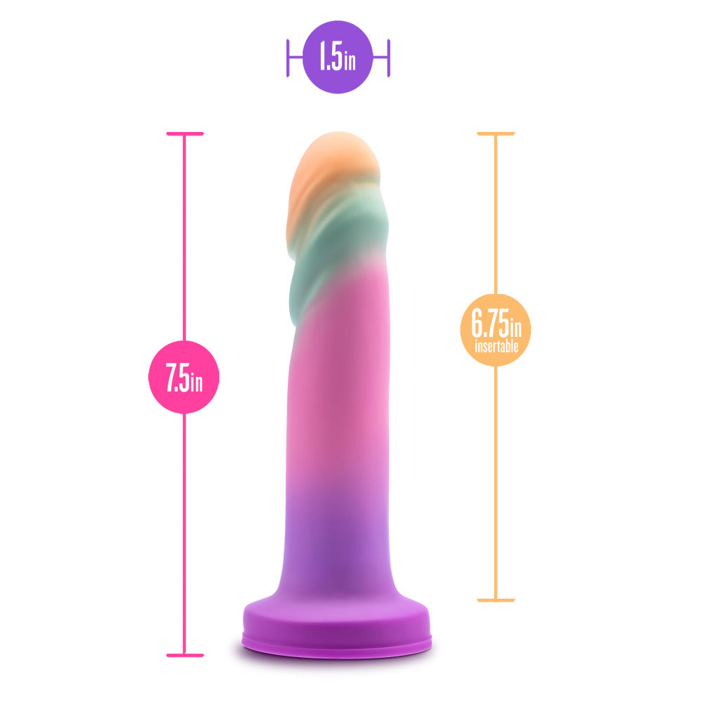 Avant - Sunrise Gaze - Sherbet 19 cm Dildo showcasing vibrant pastel colors and measurements for pleasure enhancement.