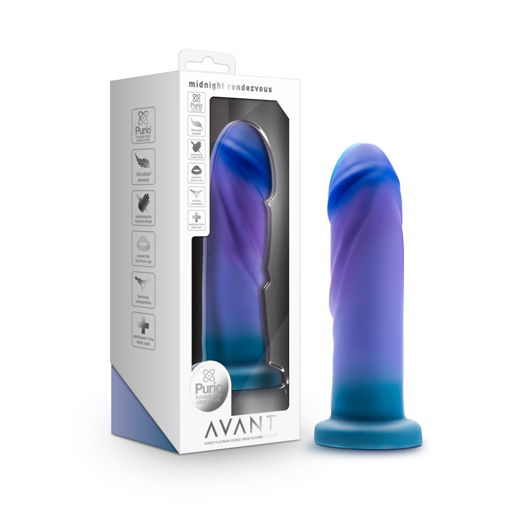 Avant - Midnight Rendezvous - Ocean 19 cm Dildo in stylish packaging, showcasing its blue and purple artisanal design.