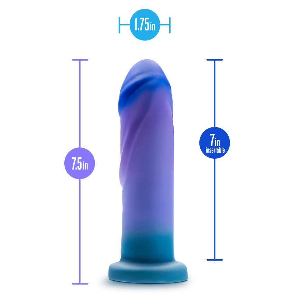Avant - Midnight Rendezvous - Ocean 19 cm Dildo in blue and purple, showcasing its 7-inch insertable length and 1.75-inch width.