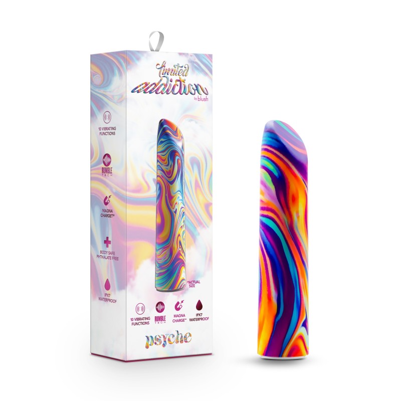 Limited Addiction Psyche - Power Vibe - Rainbow 10.2 cm USB Rechargeable Bulet packaging and vibrant design.