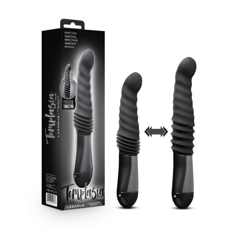 Temptasia Lazarus thrusting dildo for G spot stimulation with ribbed design and ergonomic handle.